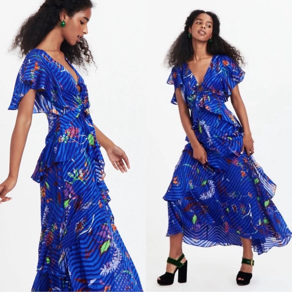 TANYA TAYLOR Janelle blue floral silk tiered burnout maxi dress